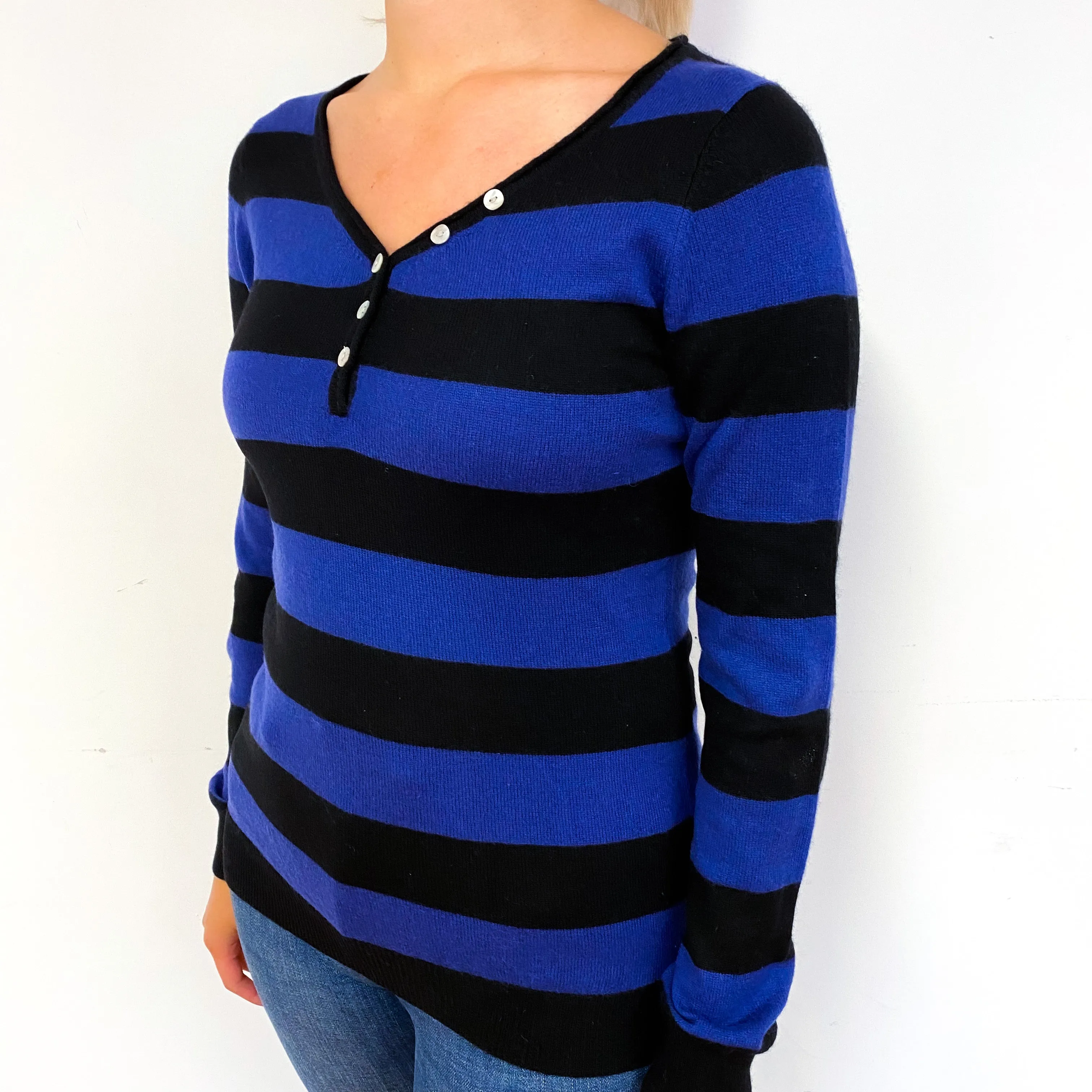 Black Blue Stripe Cashmere Buttoned V-Neck Jumper Small