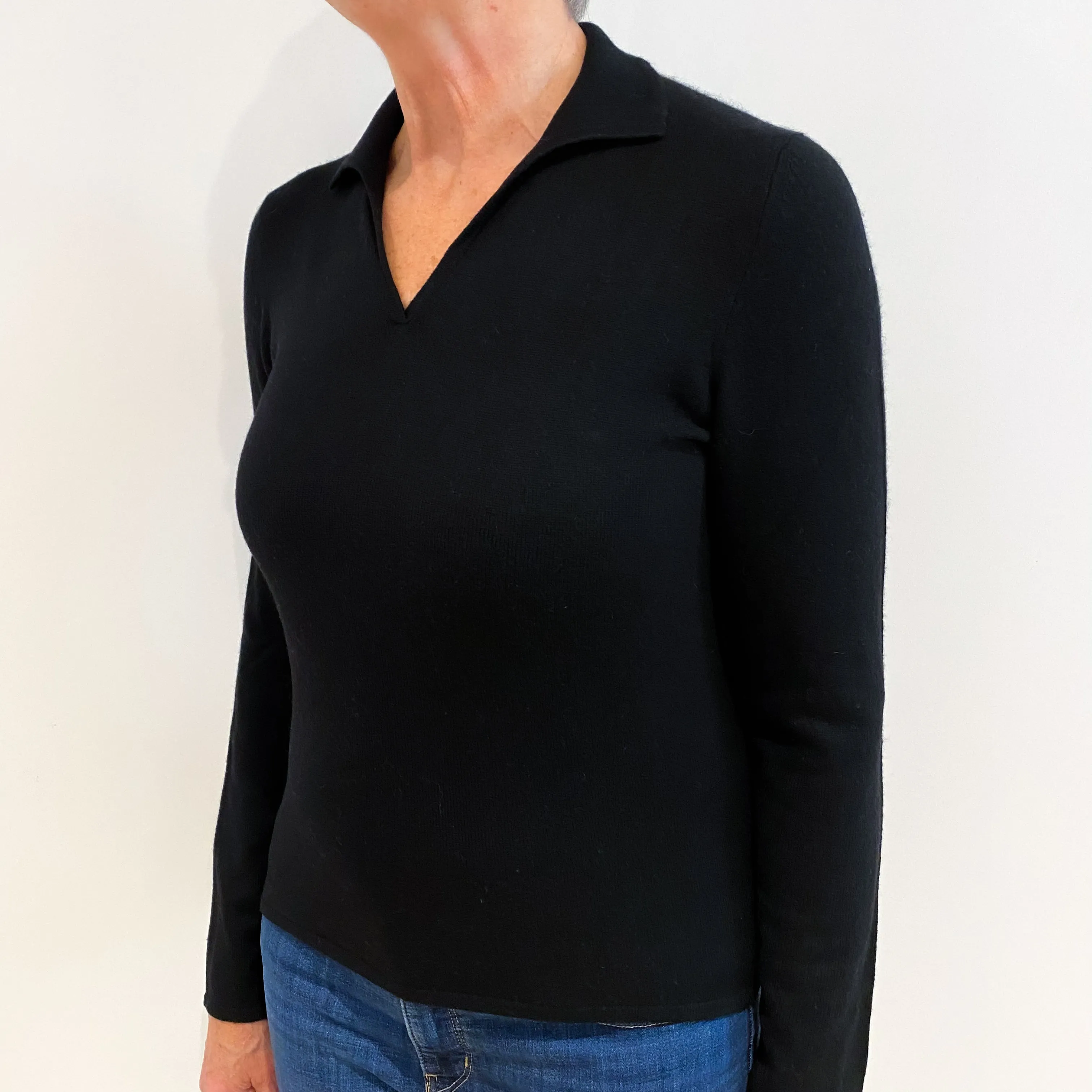 Black Cashmere Collared V Neck Jumper Medium