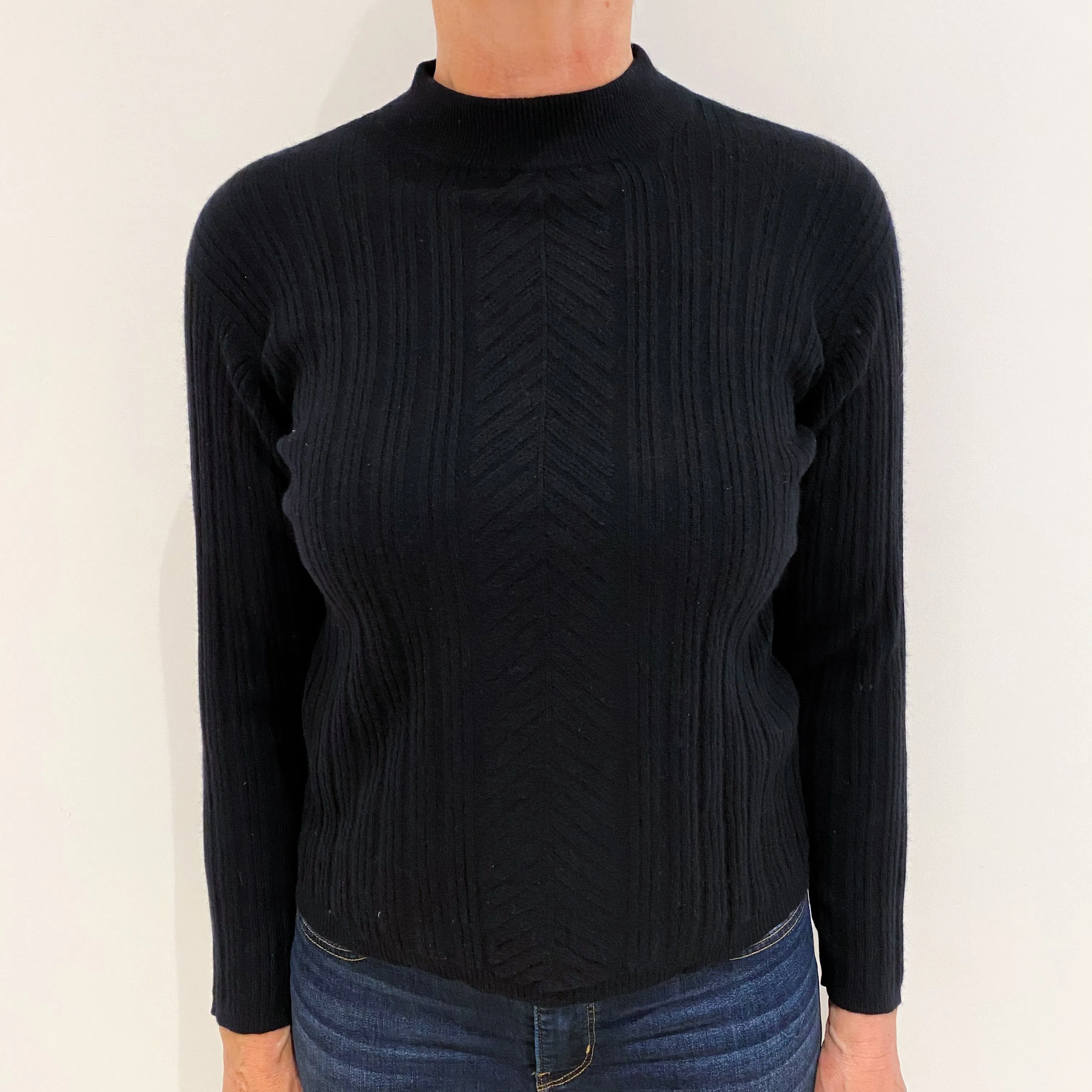 Black Cashmere Textured Knit Turtle Neck Jumper Medium