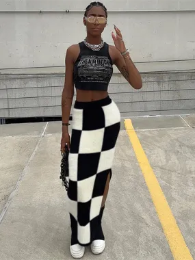 Black Checkered Maxi Skirt