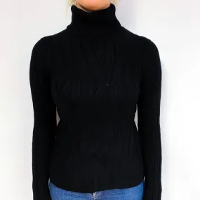 Black Chunky Ribbed Cashmere Polo Neck Jumper Small