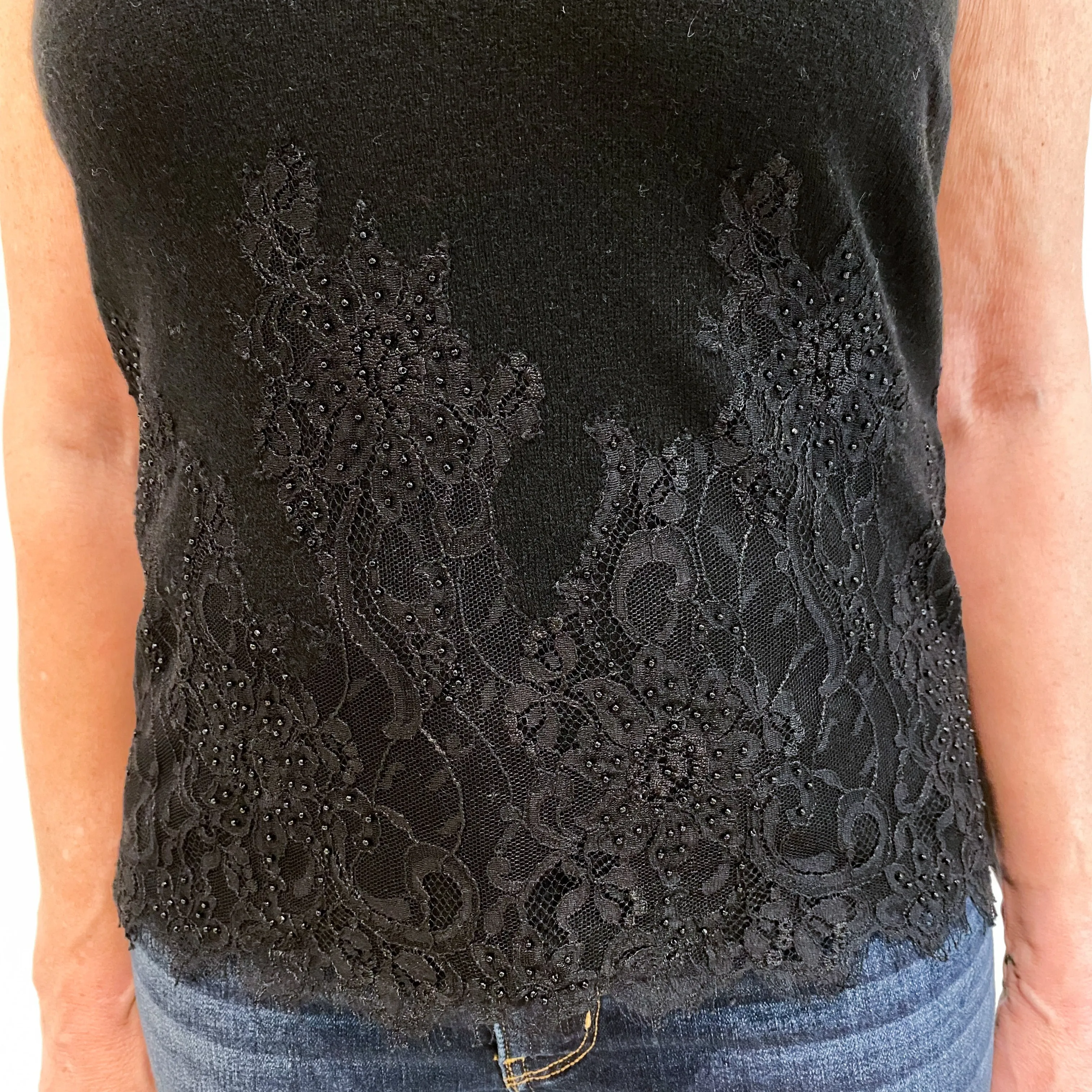 Black Lace Detail Cashmere Scoop Neck Tank Top Medium