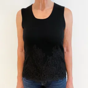 Black Lace Detail Cashmere Scoop Neck Tank Top Medium
