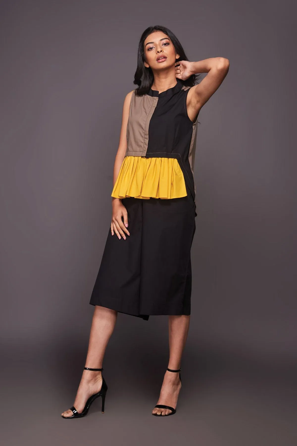 Black Yellow Peplum Top With Culottes