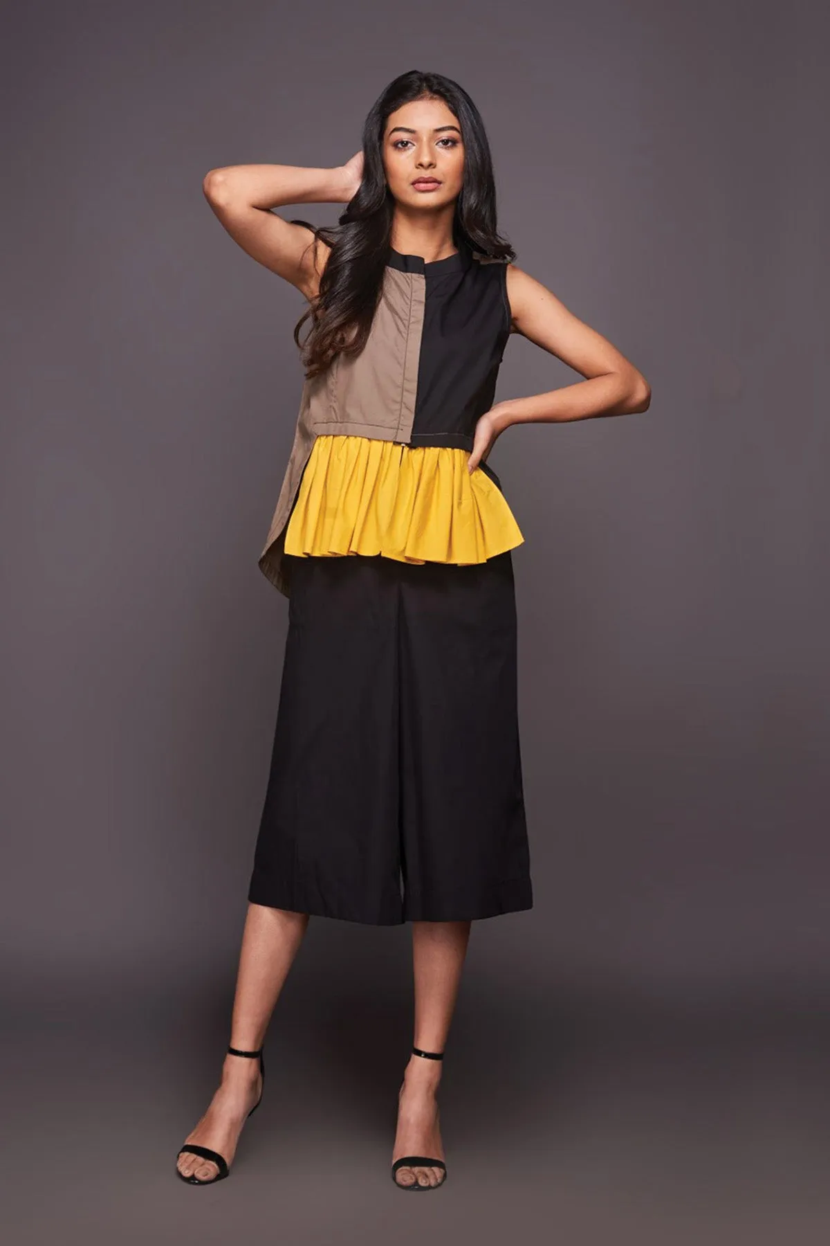 Black Yellow Peplum Top With Culottes
