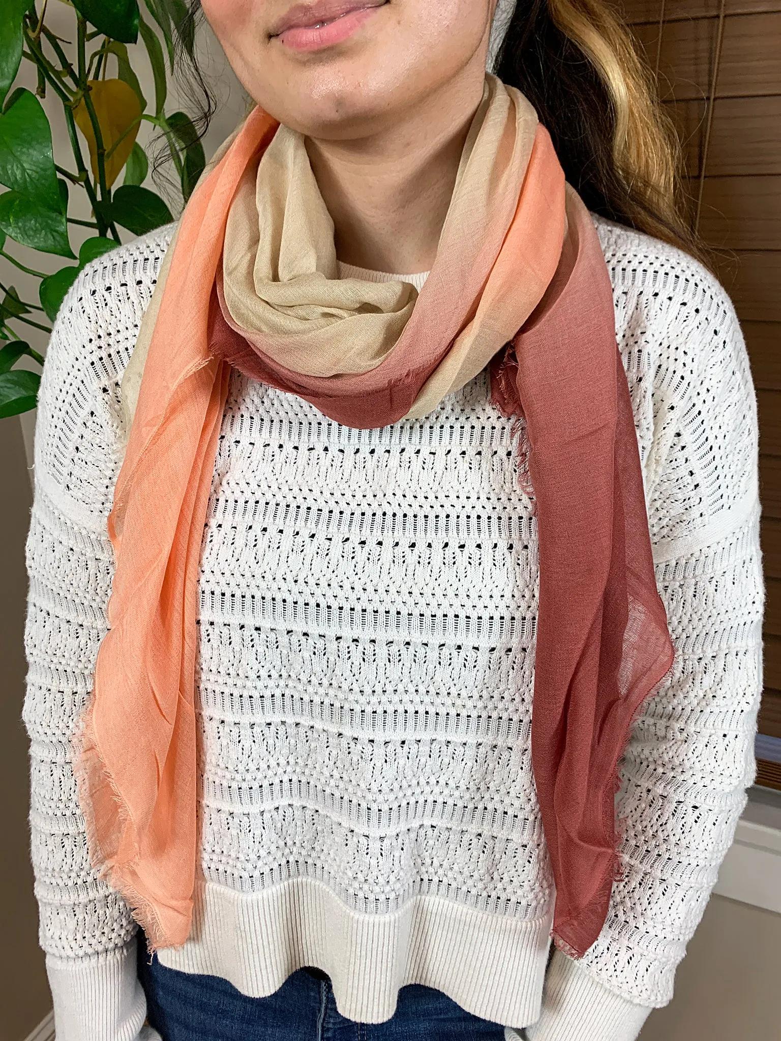 Blue Pacific Dream Cashmere and Silk Scarf in Brown and Tangerine 47 x 37