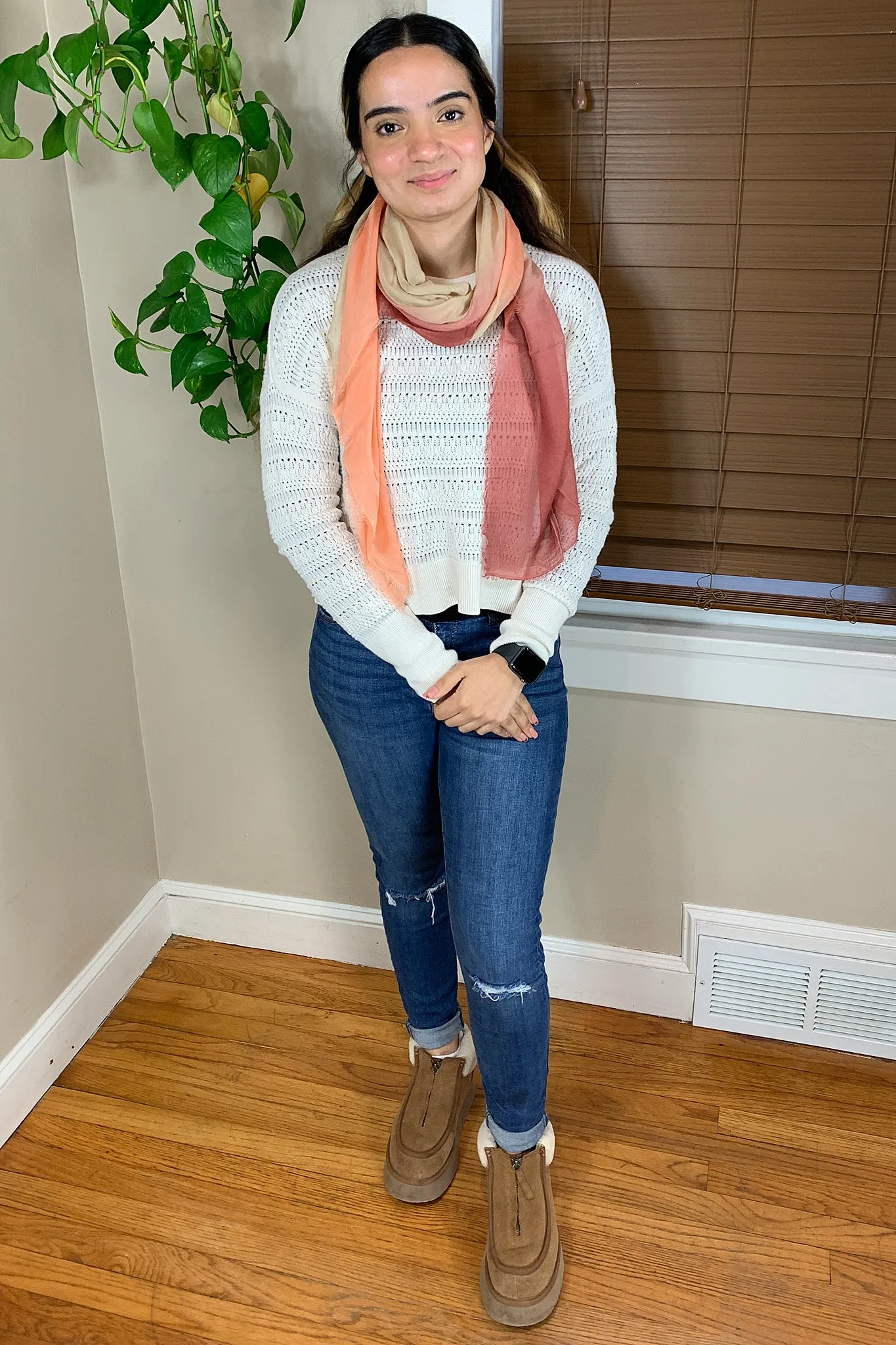 Blue Pacific Dream Cashmere and Silk Scarf in Brown and Tangerine 47 x 37