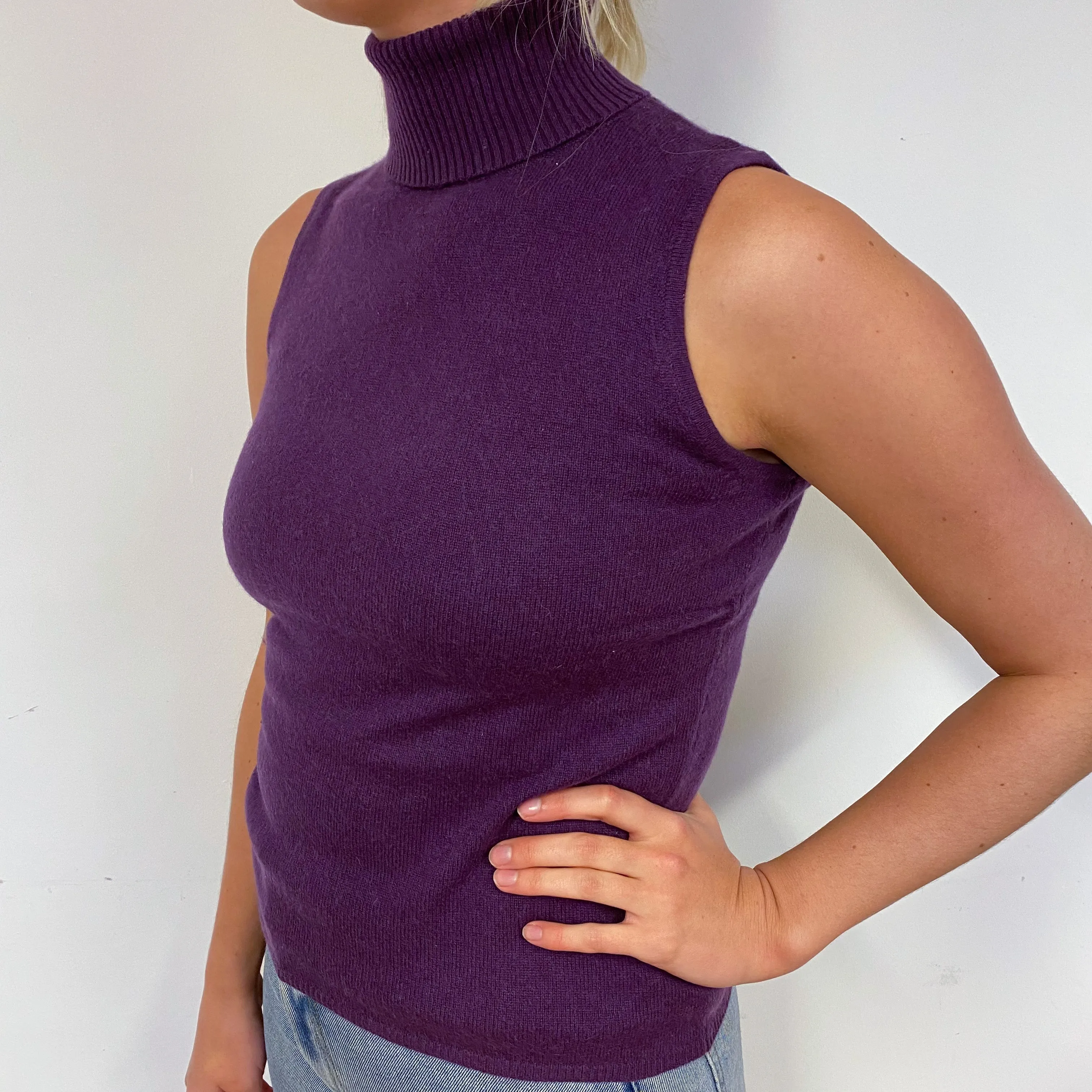 Blueberry Purple Cashmere Sleeveless Polo Neck Jumper Small