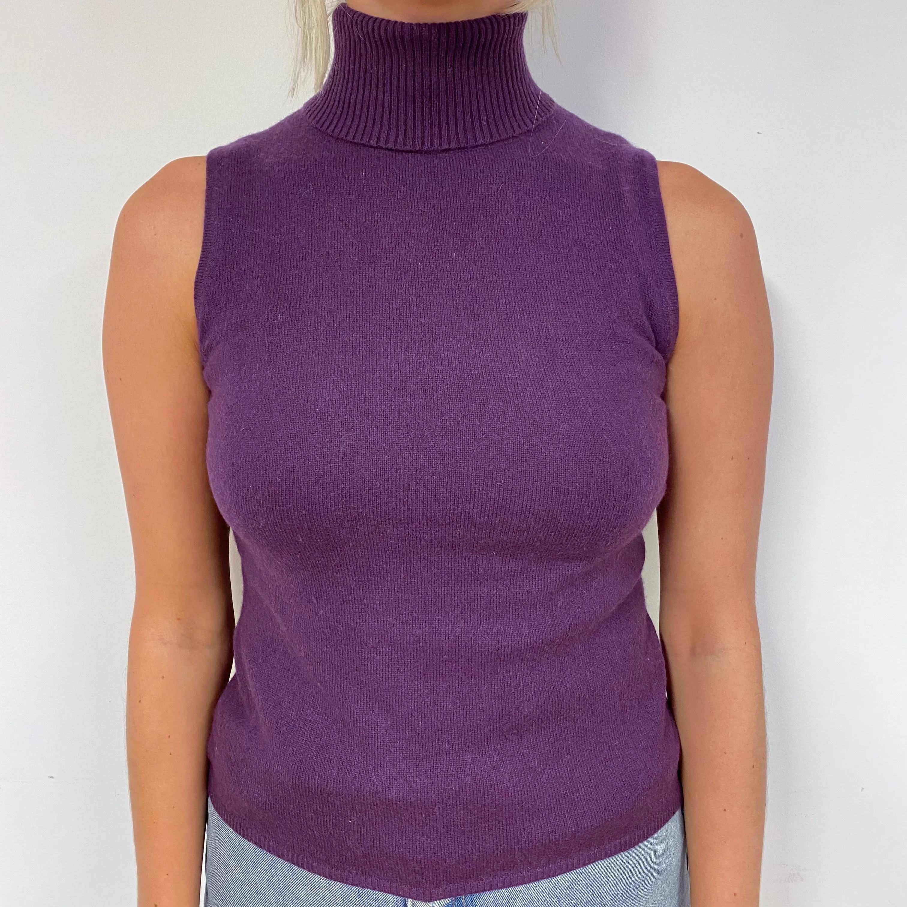 Blueberry Purple Cashmere Sleeveless Polo Neck Jumper Small