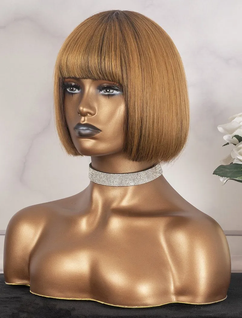 Bob Straight With Bangs Human Hair Scalp Top Wigs Machine Made