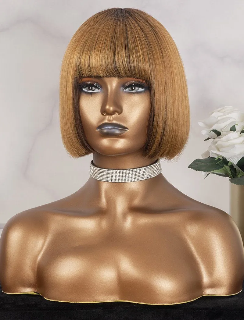 Bob Straight With Bangs Human Hair Scalp Top Wigs Machine Made