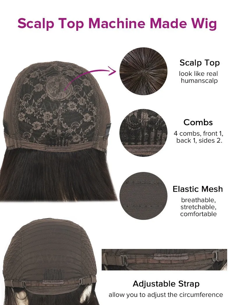 Bob Straight With Bangs Human Hair Scalp Top Wigs Machine Made