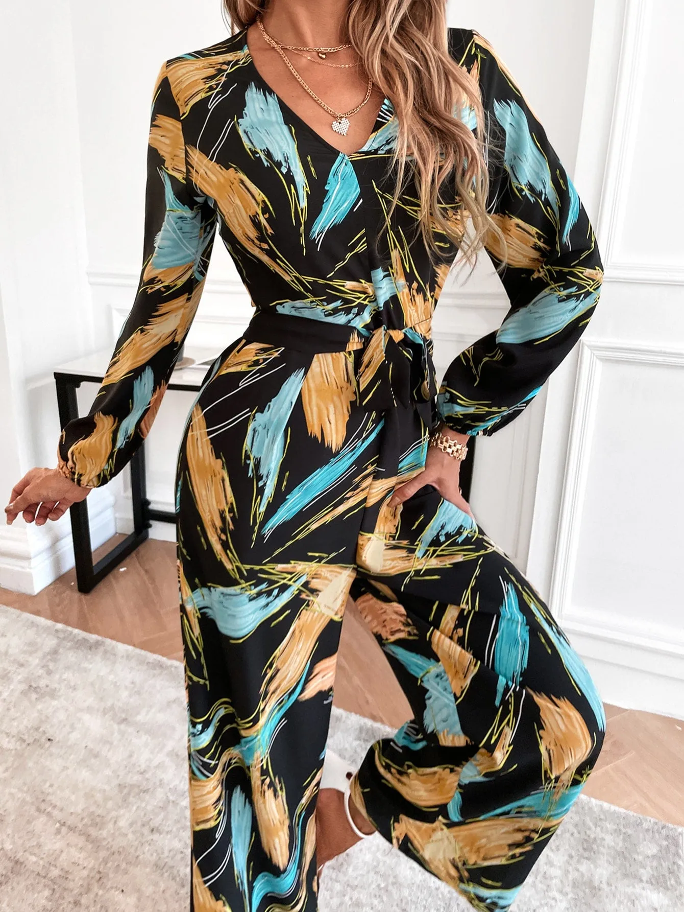 Boho All Over Print Long Sleeve V Neck Natural Long Women Jumpsuit