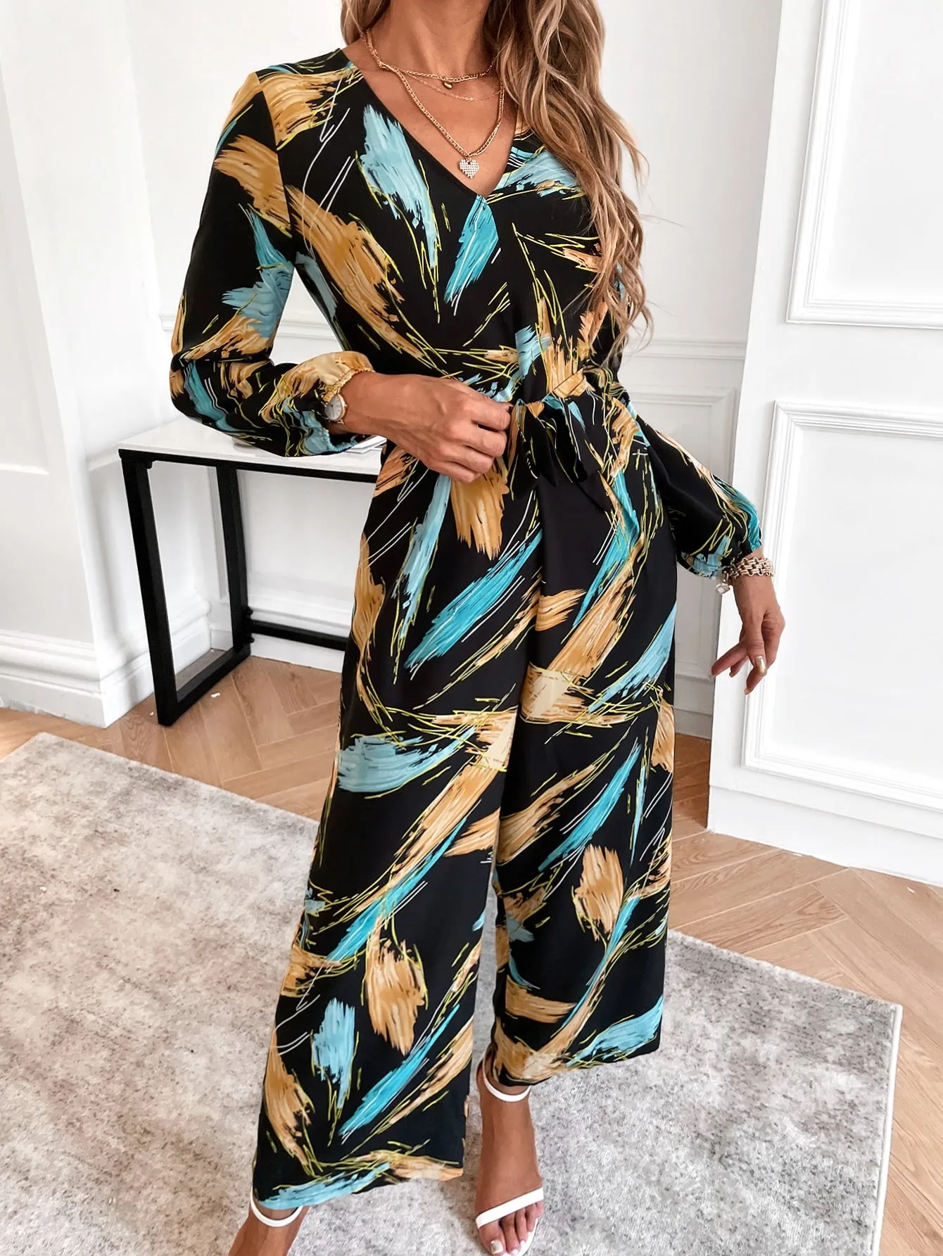 Boho All Over Print Long Sleeve V Neck Natural Long Women Jumpsuit
