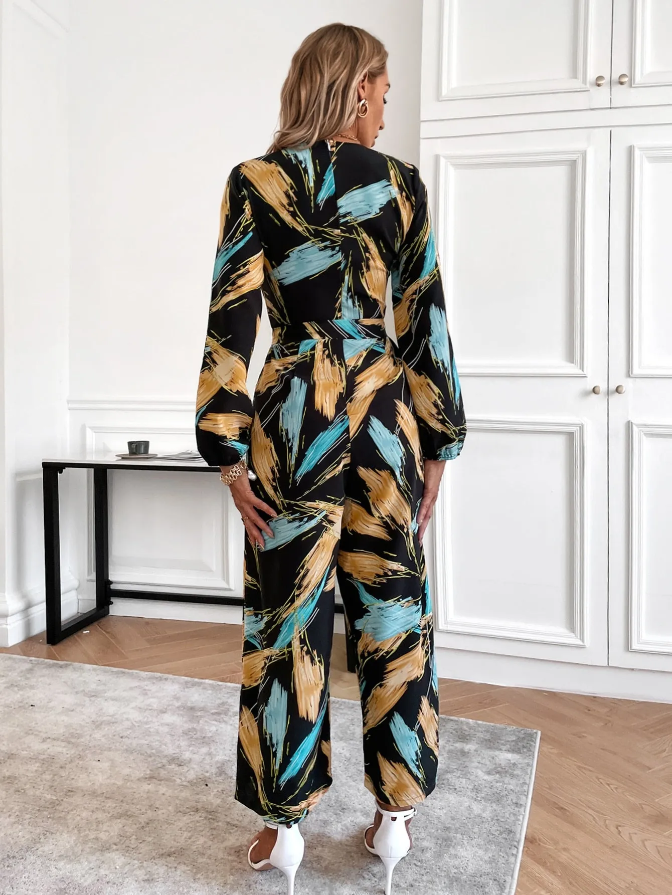 Boho All Over Print Long Sleeve V Neck Natural Long Women Jumpsuit