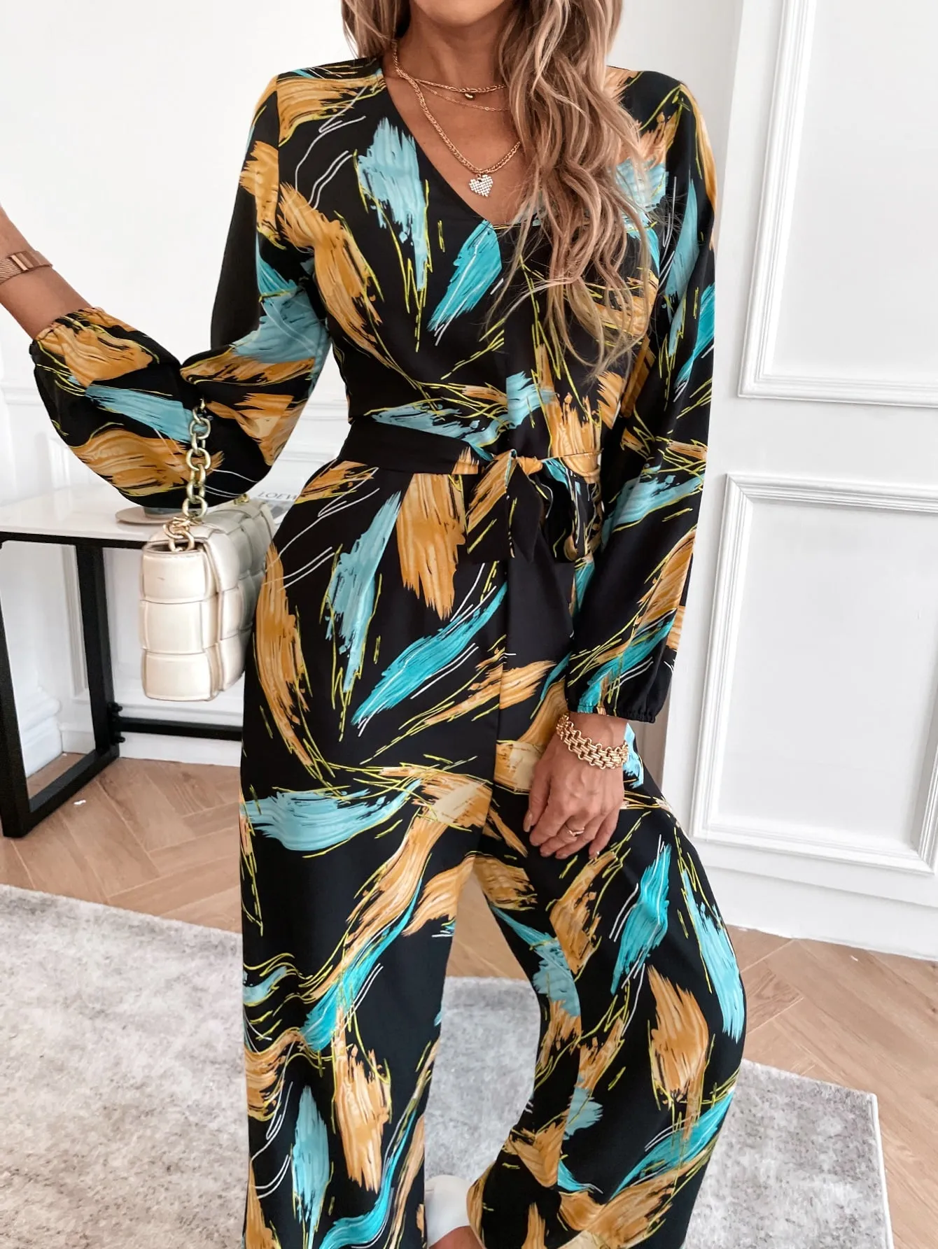 Boho All Over Print Long Sleeve V Neck Natural Long Women Jumpsuit
