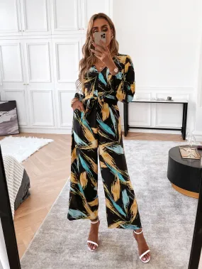 Boho All Over Print Long Sleeve V Neck Natural Long Women Jumpsuit