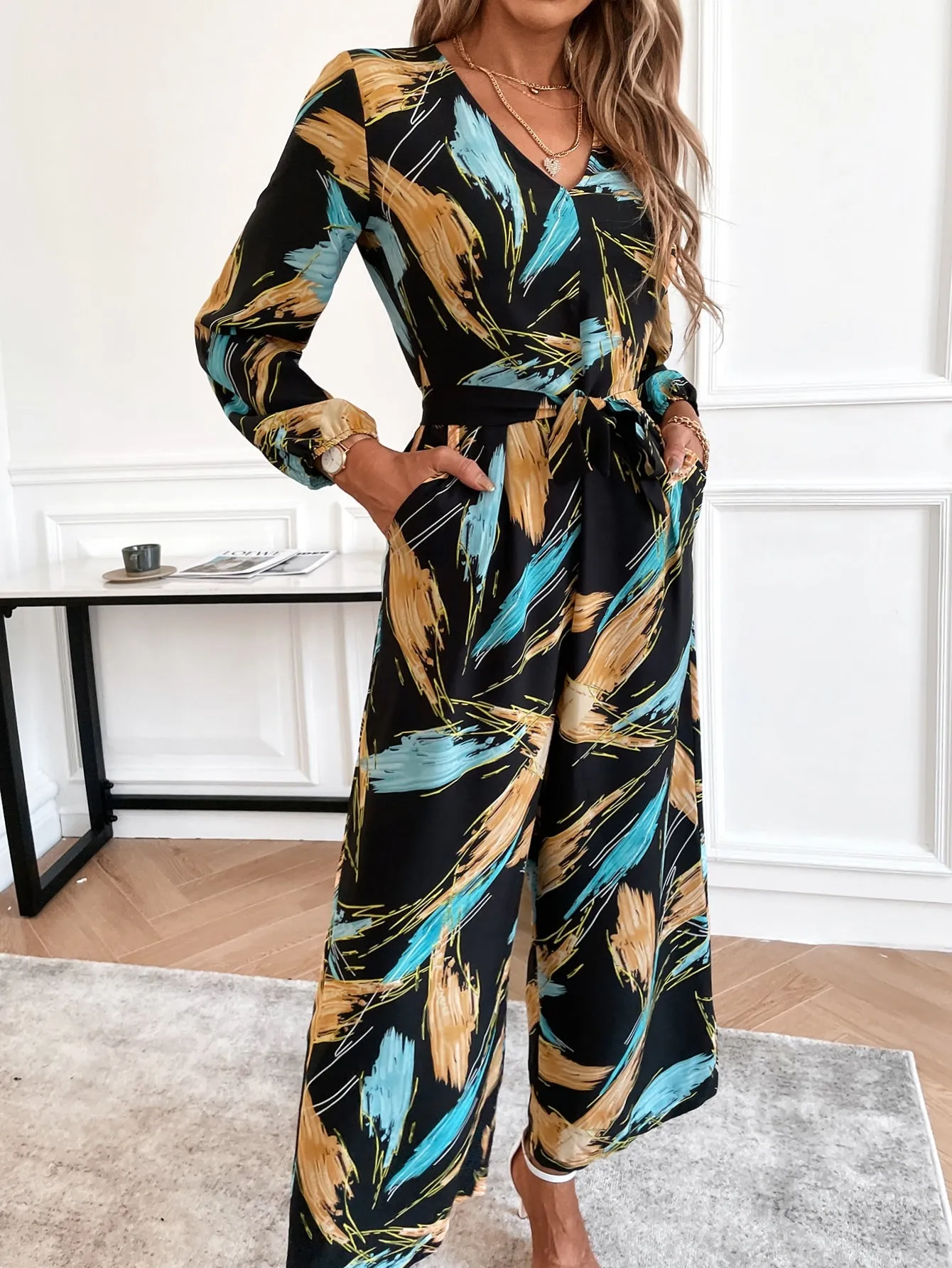 Boho All Over Print Long Sleeve V Neck Natural Long Women Jumpsuit