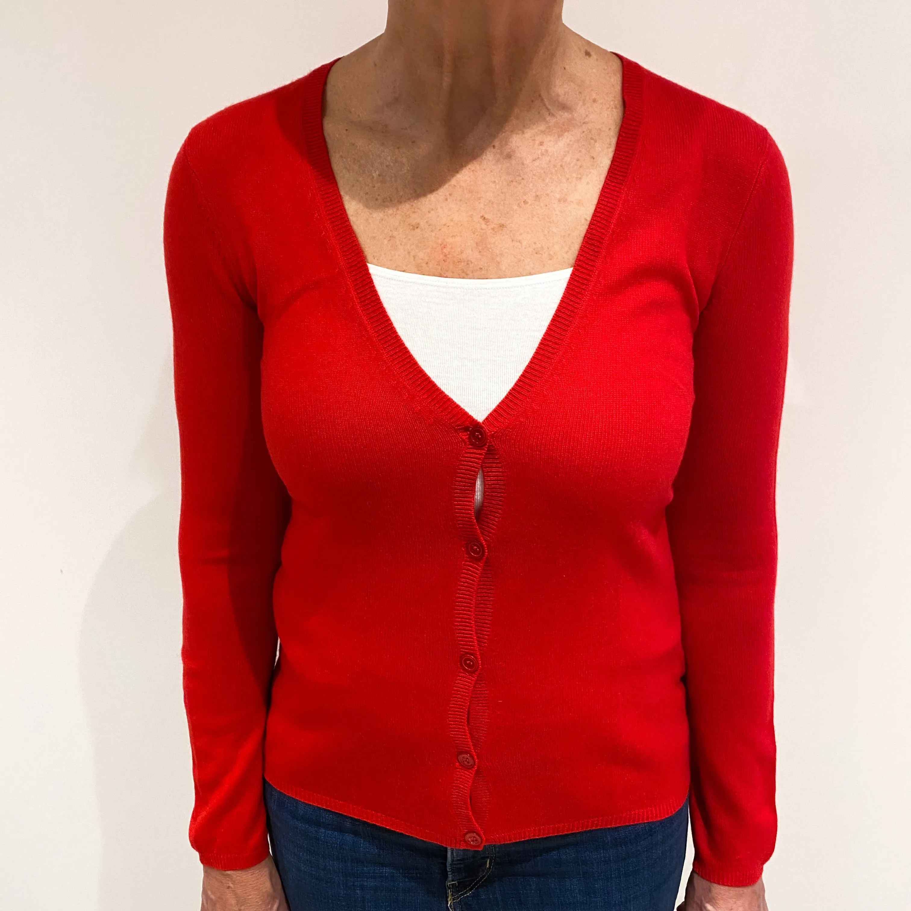 Bright Scarlet Red Cashmere V Neck Cardigan Medium