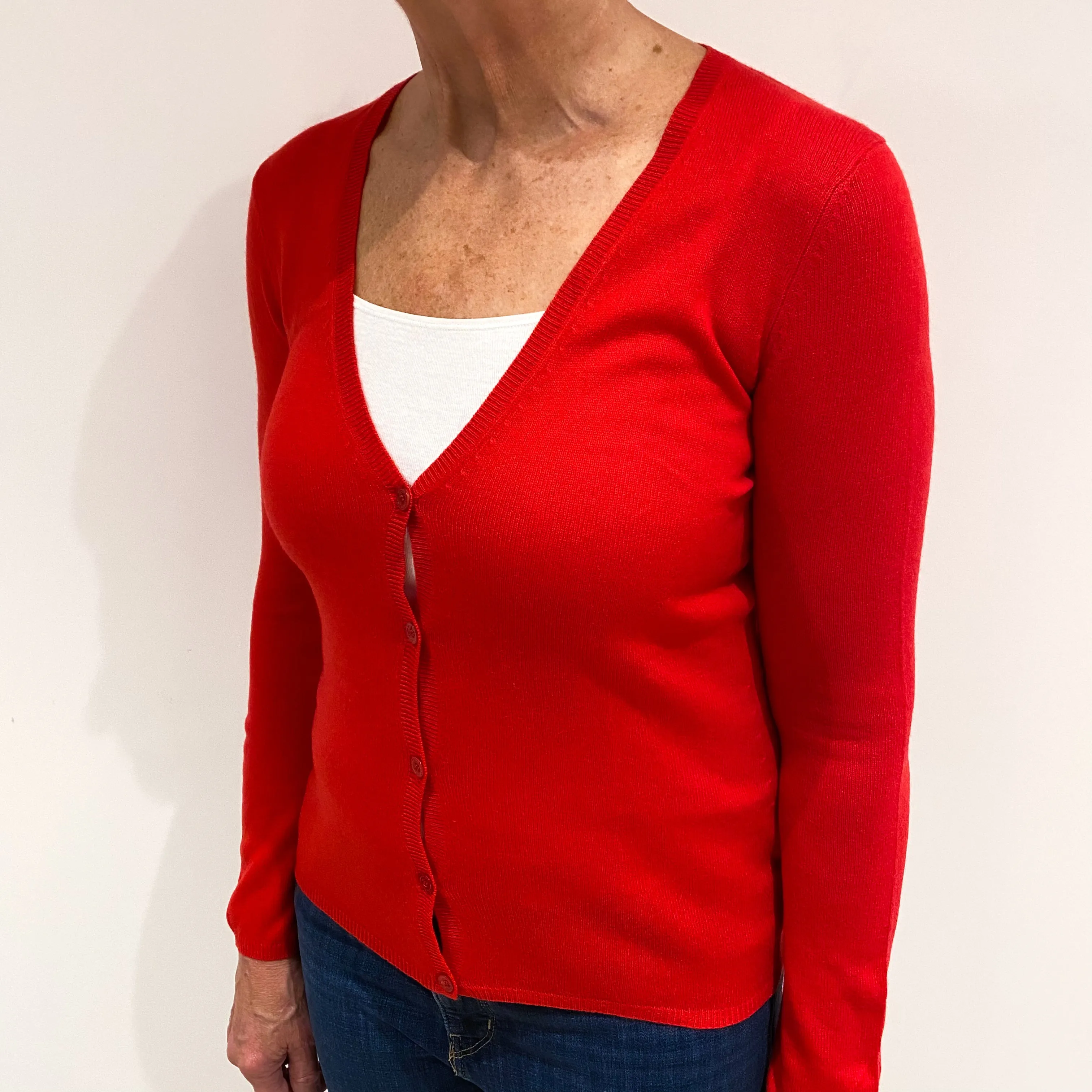 Bright Scarlet Red Cashmere V Neck Cardigan Medium