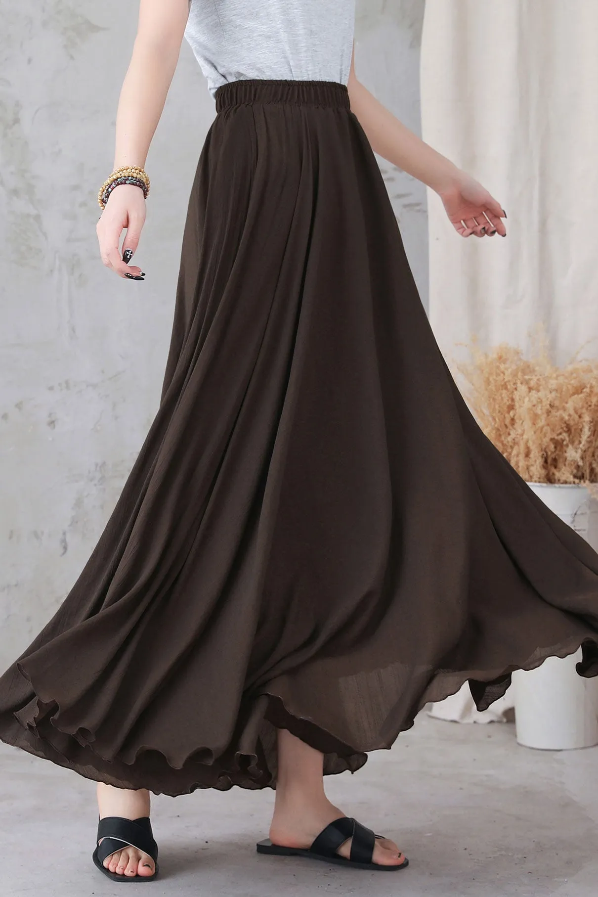 Brown Linen maxi Boho Skirt 3300