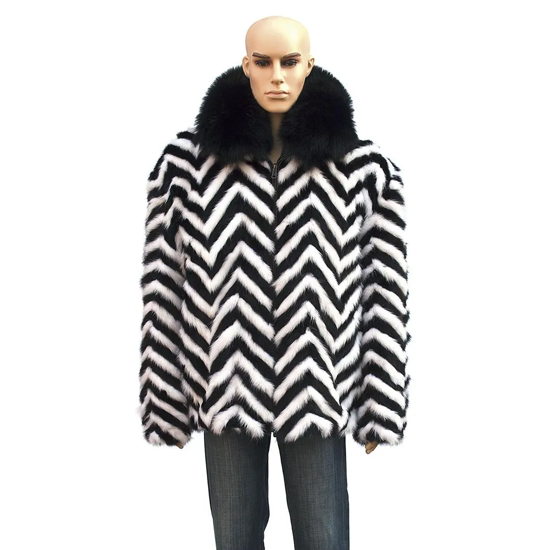 Chevron Mink Jacket with Fox Collar - Black/White