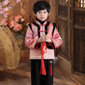 Crane Pattern Brocade Fur Collar Tradtional Chinese Style Boy's Wadded Suit