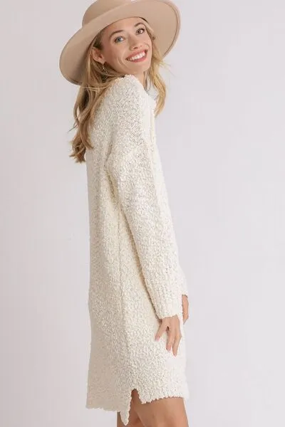 Cream Color Long Sleeve Boucle Sweater Dress
