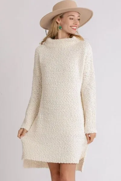 Cream Color Long Sleeve Boucle Sweater Dress