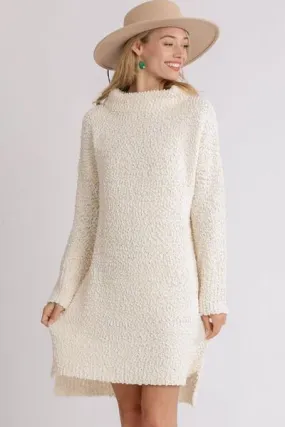Cream Color Long Sleeve Boucle Sweater Dress