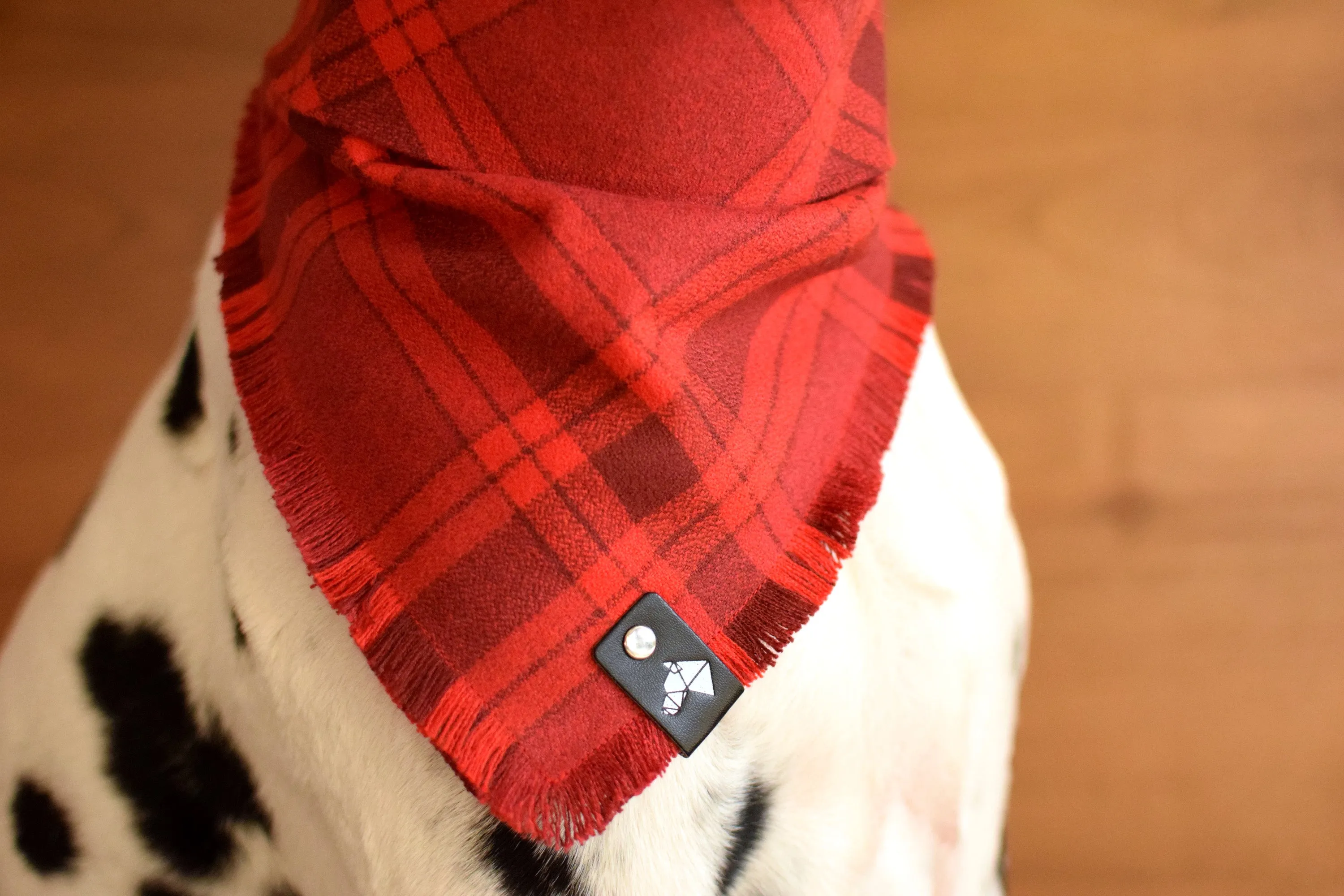 CRIMSON Fringed Flannel Dog Bandana - Snap/Tie On Cotton Scarf
