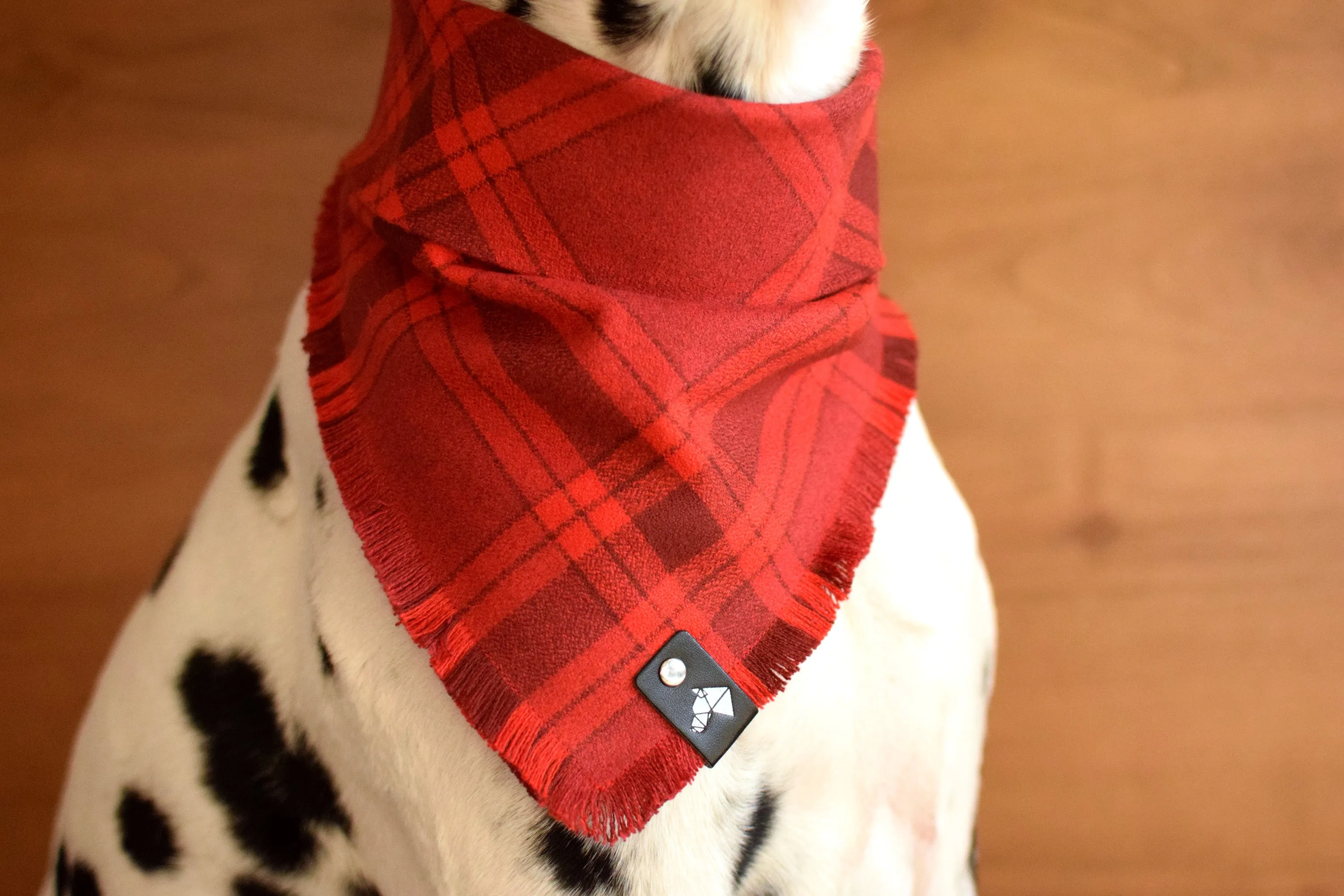 CRIMSON Fringed Flannel Dog Bandana - Snap/Tie On Cotton Scarf