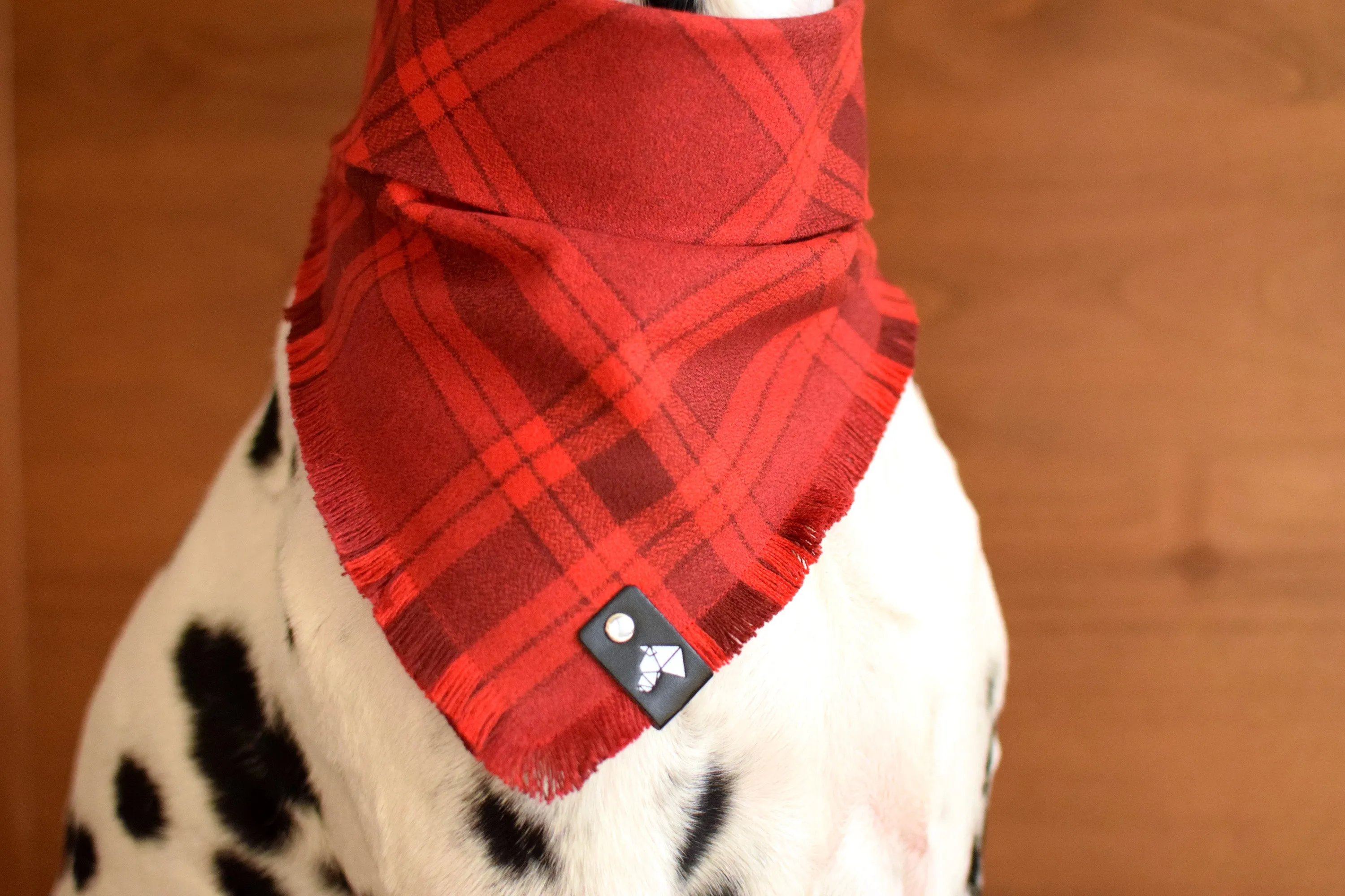CRIMSON Fringed Flannel Dog Bandana - Snap/Tie On Cotton Scarf