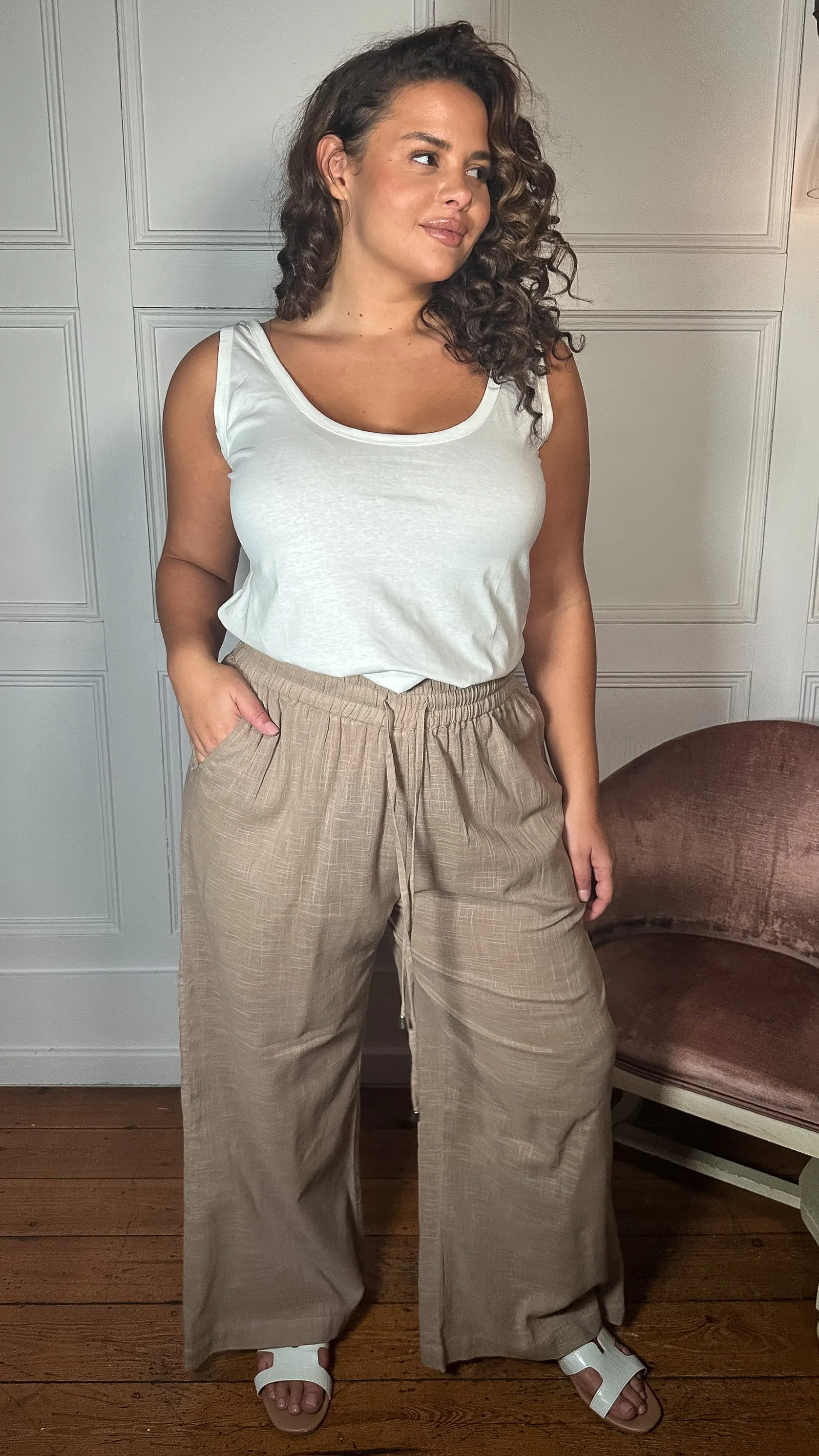 CurveWow Slub Wide Leg Trouser Mocha