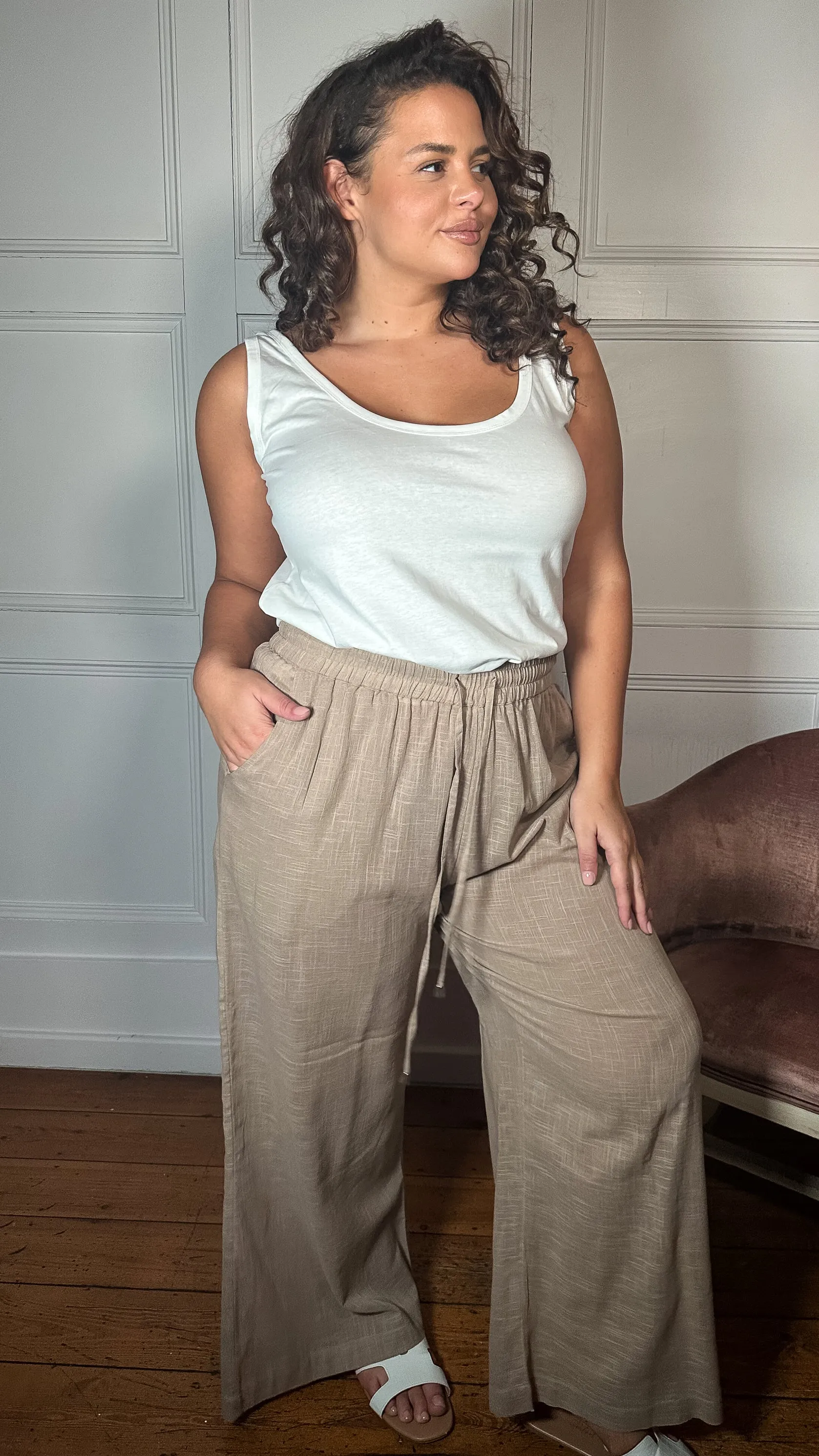 CurveWow Slub Wide Leg Trouser Mocha