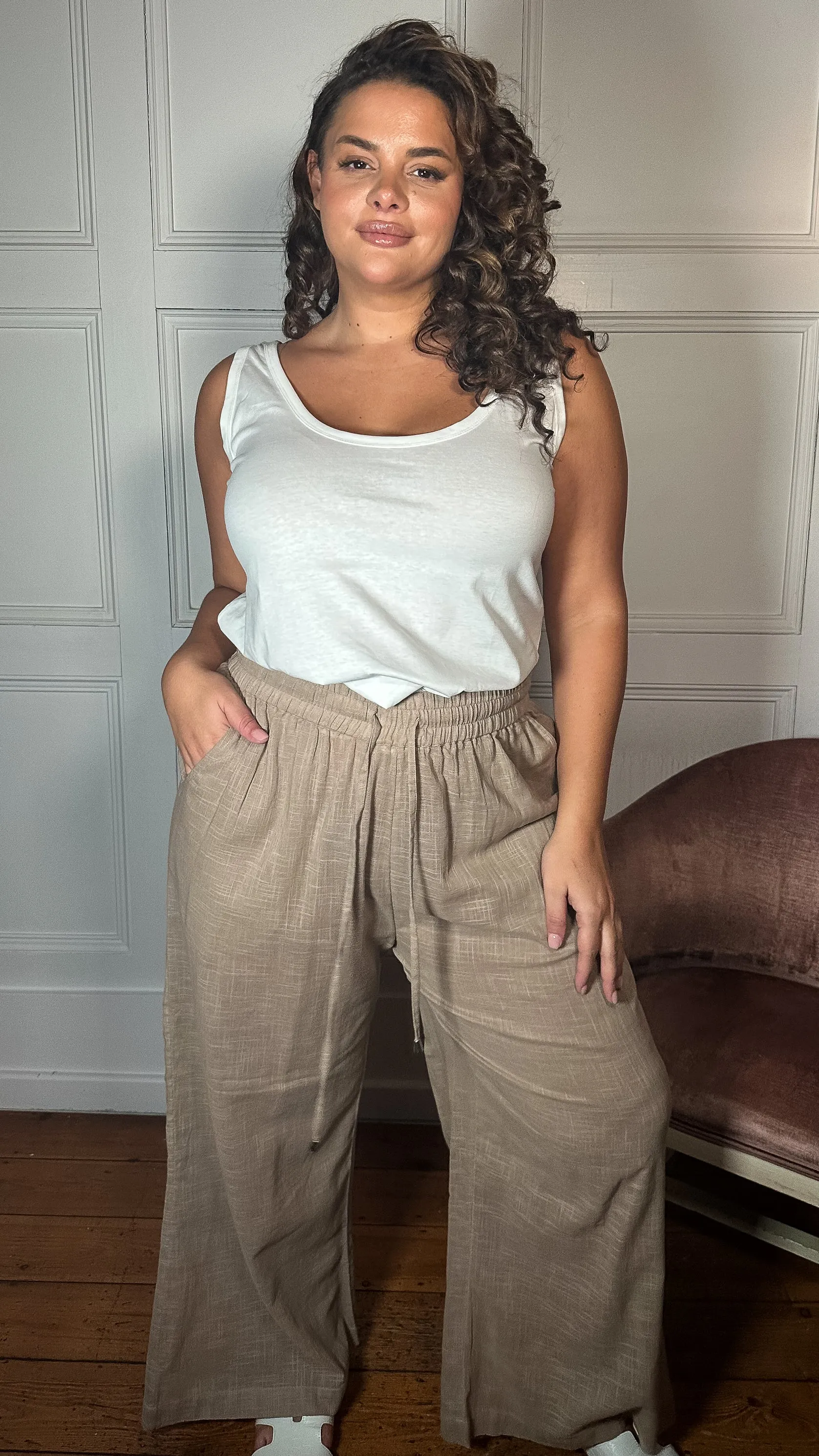 CurveWow Slub Wide Leg Trouser Mocha