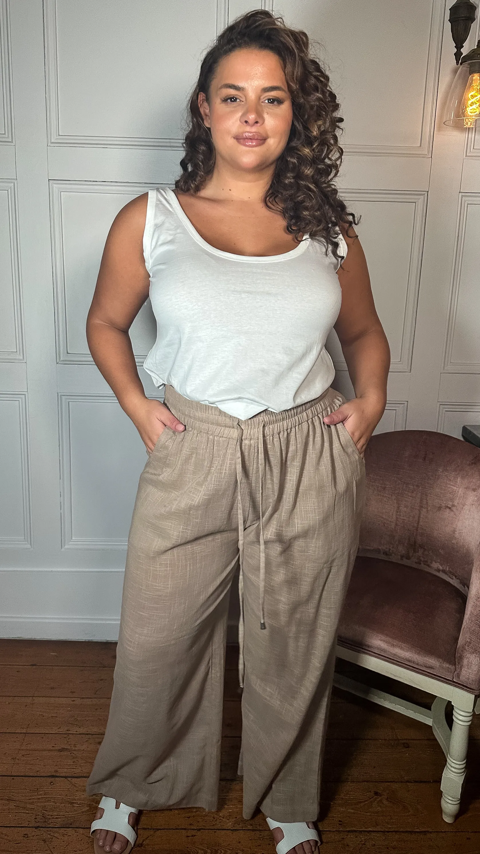 CurveWow Slub Wide Leg Trouser Mocha