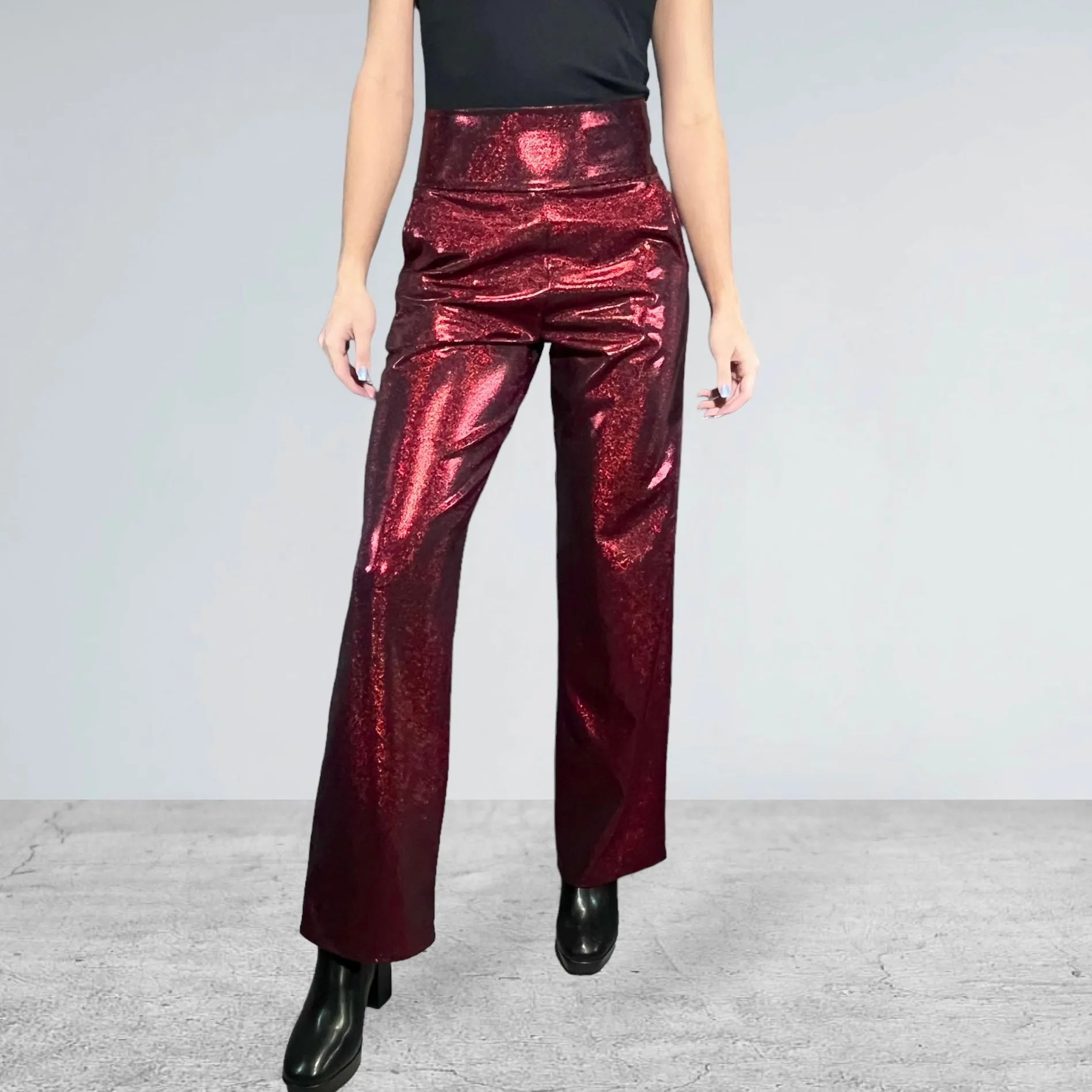 Dark Red Burgundy Sparkle Straight Wide Leg Relaxed Fit Pants - Optional Pockets