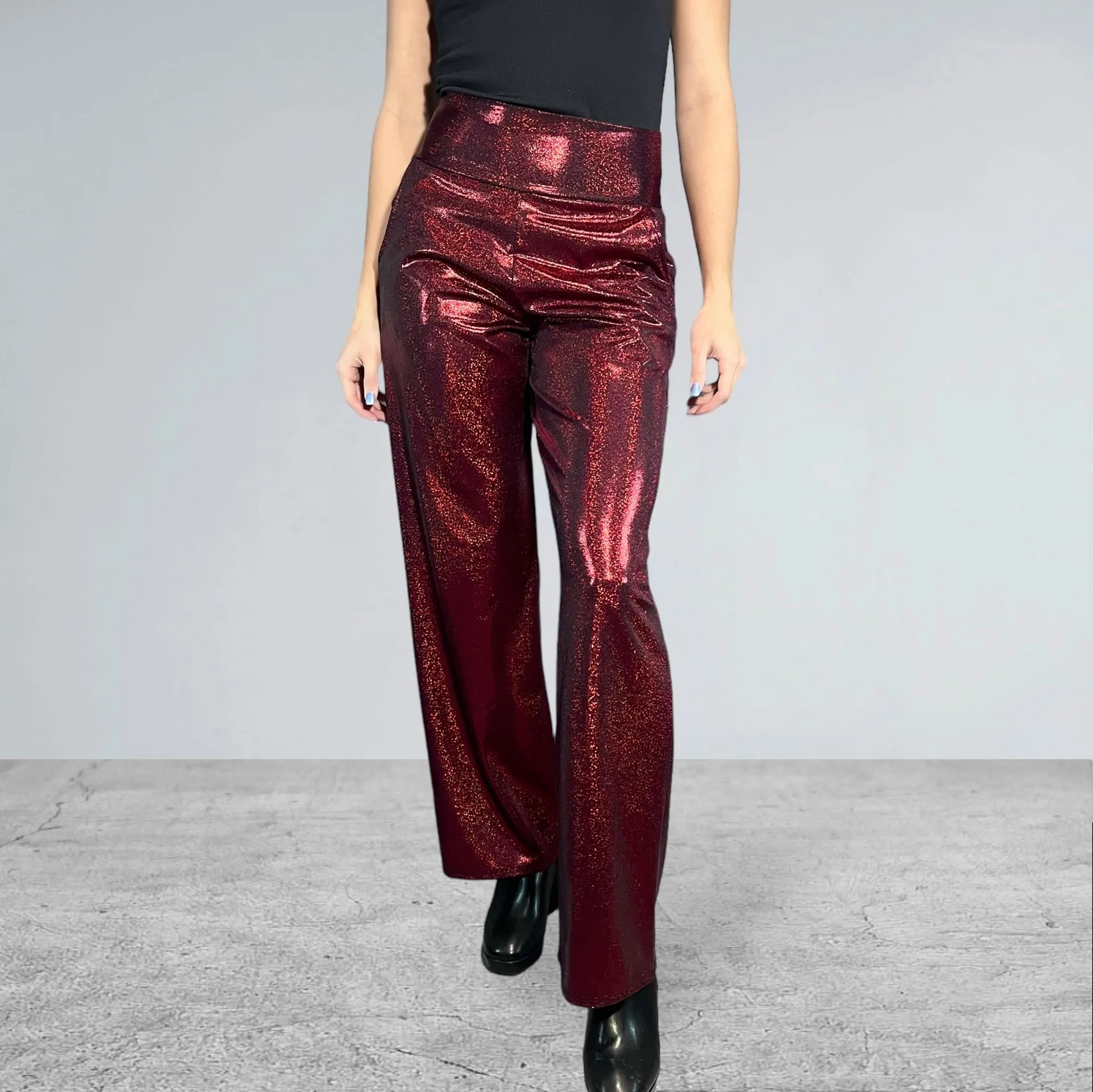 Dark Red Burgundy Sparkle Straight Wide Leg Relaxed Fit Pants - Optional Pockets