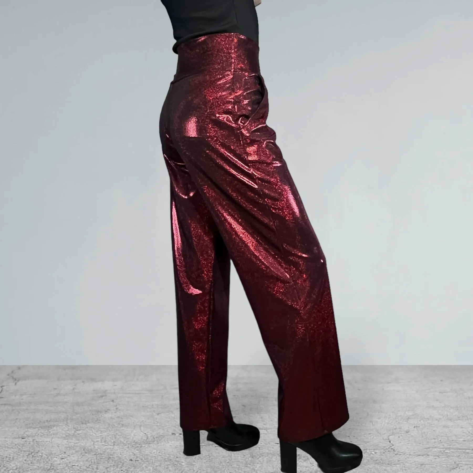 Dark Red Burgundy Sparkle Straight Wide Leg Relaxed Fit Pants - Optional Pockets