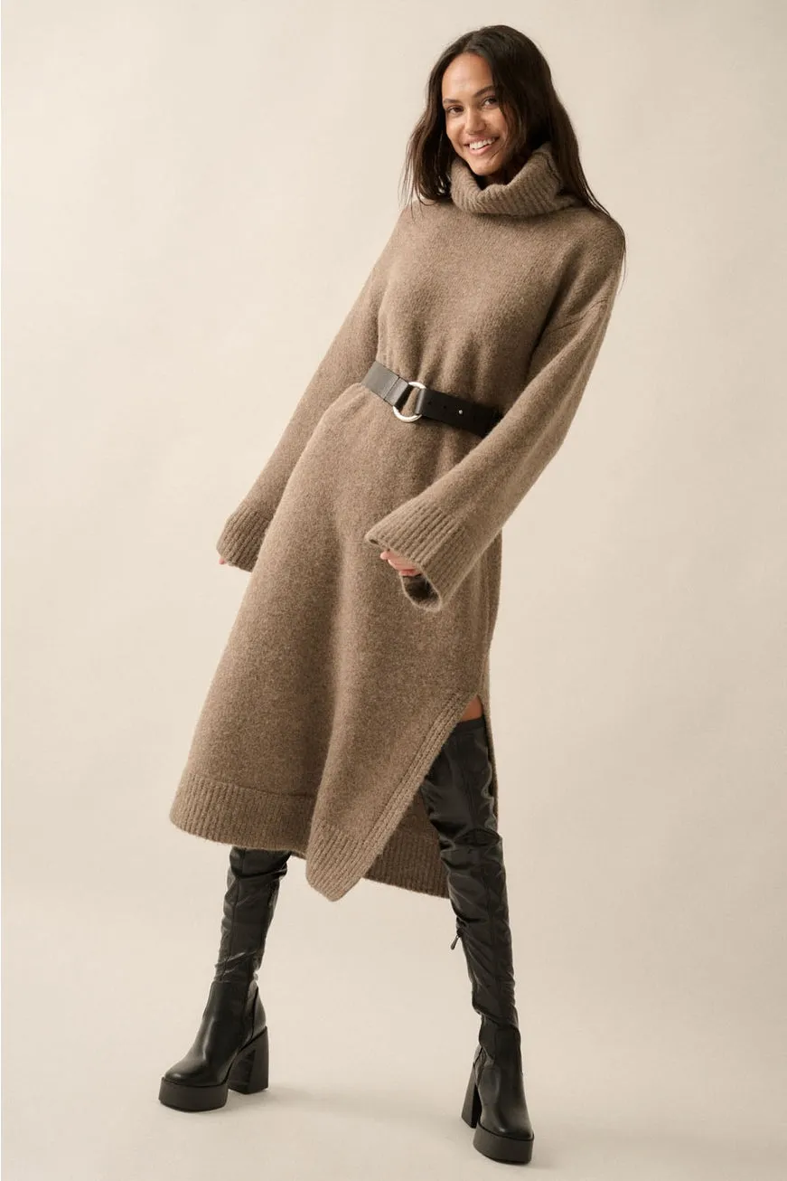 Emilie Solid Felted Knit Cowl-Neck Midi Sweater Dress in Taupe