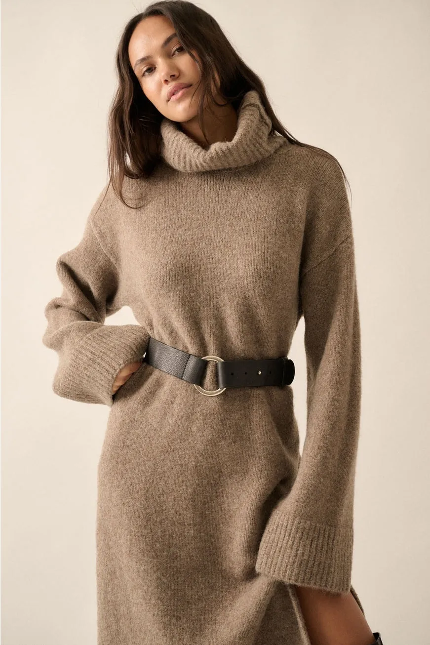 Emilie Solid Felted Knit Cowl-Neck Midi Sweater Dress in Taupe