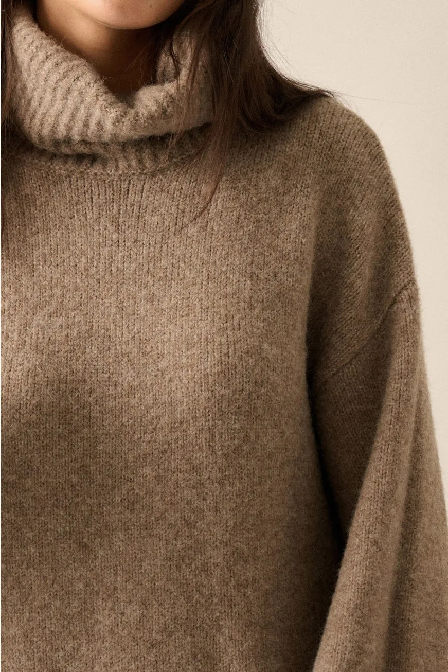 Emilie Solid Felted Knit Cowl-Neck Midi Sweater Dress in Taupe
