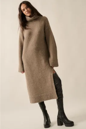 Emilie Solid Felted Knit Cowl-Neck Midi Sweater Dress in Taupe