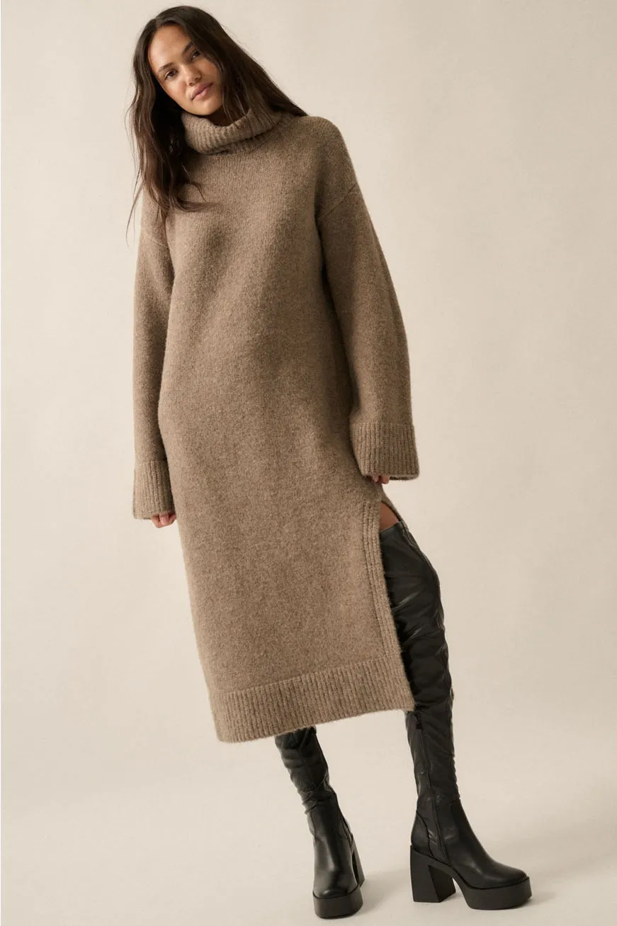 Emilie Solid Felted Knit Cowl-Neck Midi Sweater Dress in Taupe