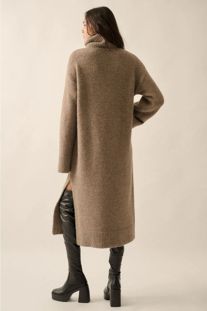 Emilie Solid Felted Knit Cowl-Neck Midi Sweater Dress in Taupe