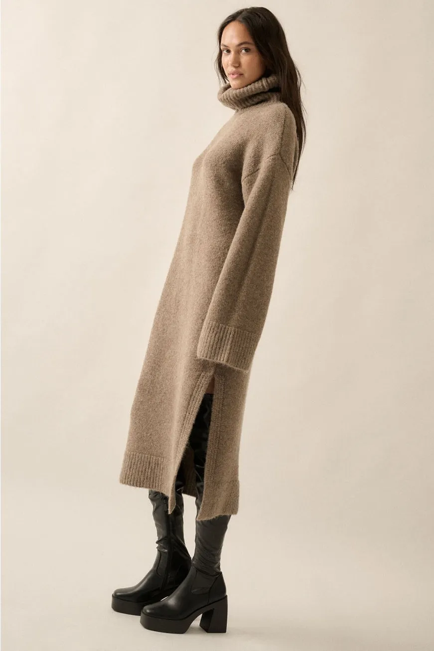 Emilie Solid Felted Knit Cowl-Neck Midi Sweater Dress in Taupe