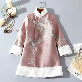 Fans & Floral Pattern Fancy Cotton Fur Edge Women's Chinese Style Wadded Coat