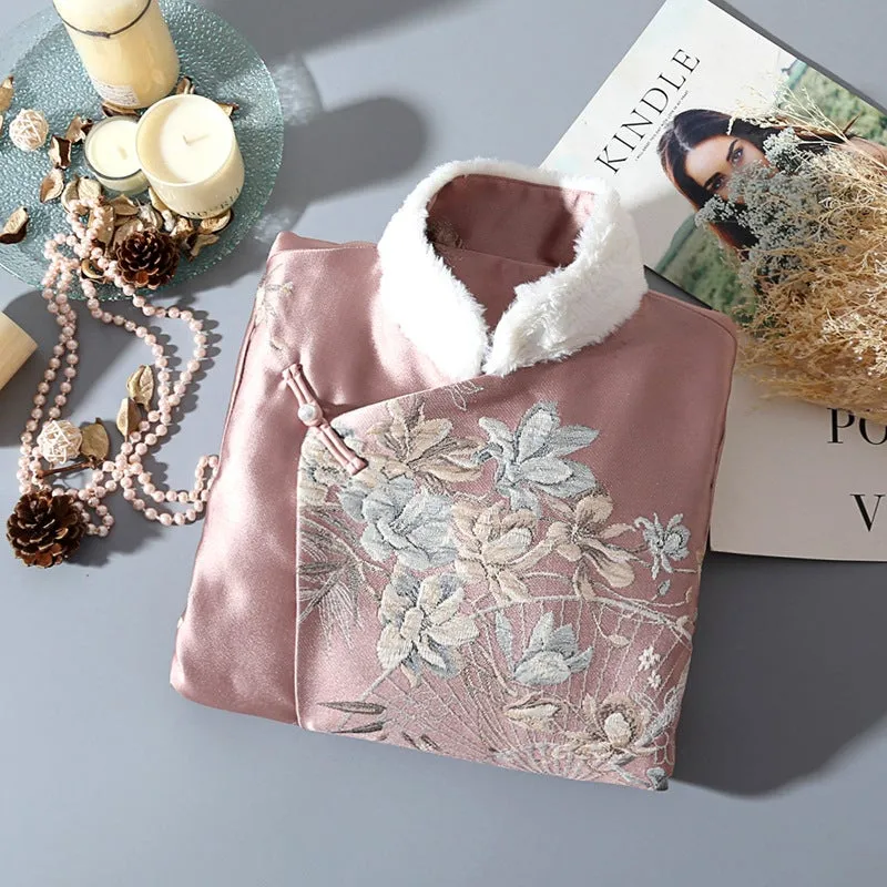 Fans & Floral Pattern Fancy Cotton Fur Edge Women's Chinese Style Wadded Coat