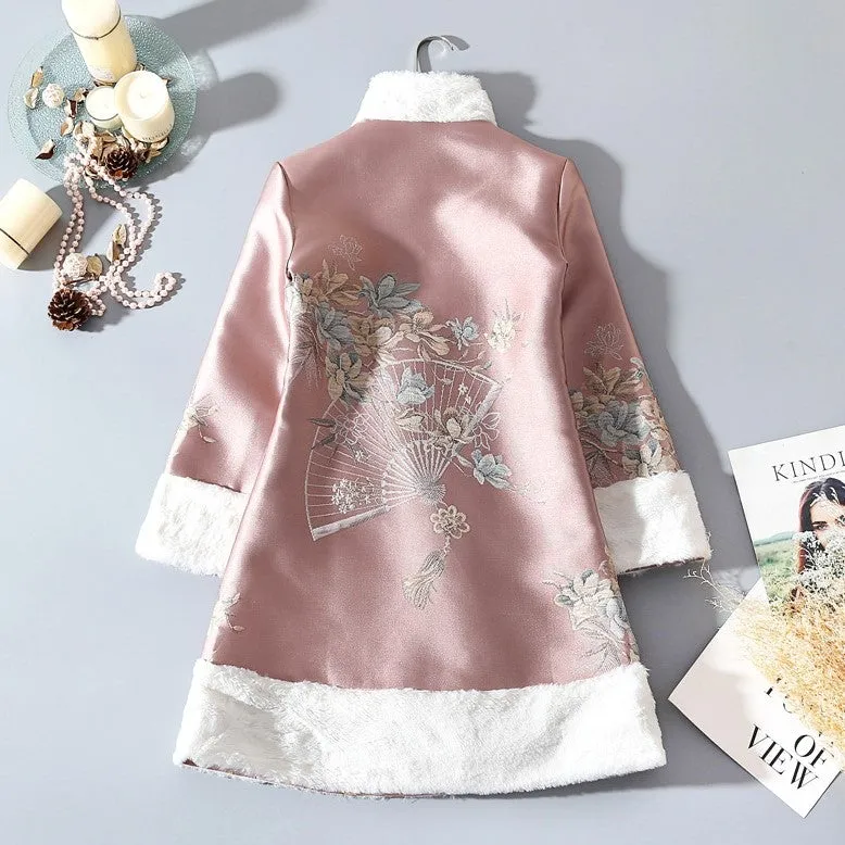 Fans & Floral Pattern Fancy Cotton Fur Edge Women's Chinese Style Wadded Coat